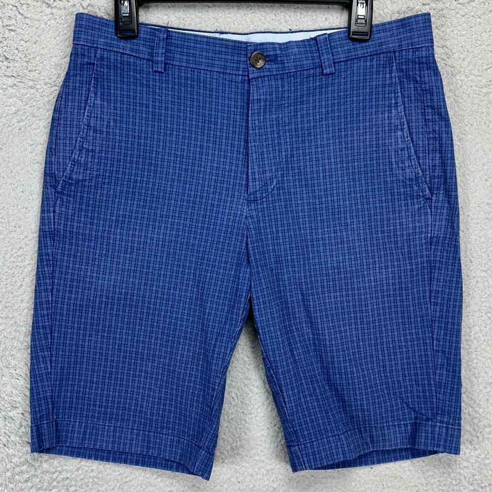 Brooks Brothers Mens Khaki Shorts 32 Blue Plaid Flat Front Pocket Casual Comfort